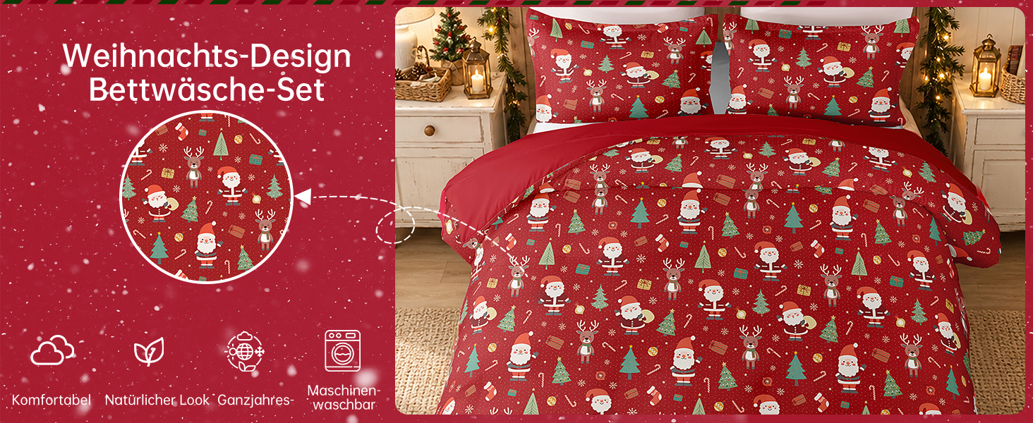 Комплект новорічної постільної білизни WONGS BEDDING з Санта-Клаусом, м'яка мікрофібра, 2 предмети (підковдра 135x200 см, наволочка 80x80 см), червоний