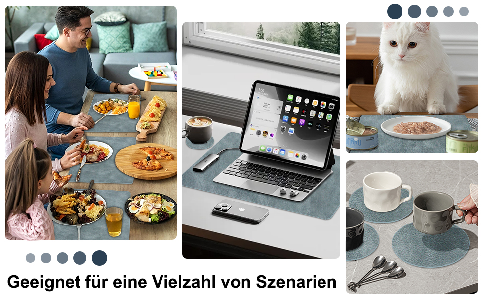 Підставки під тарілки та серветки з екошкіри (6 шт.) - водонепроникні, стійкі до подряпин, для кухні та обіднього столу. Зелено-сірий набір