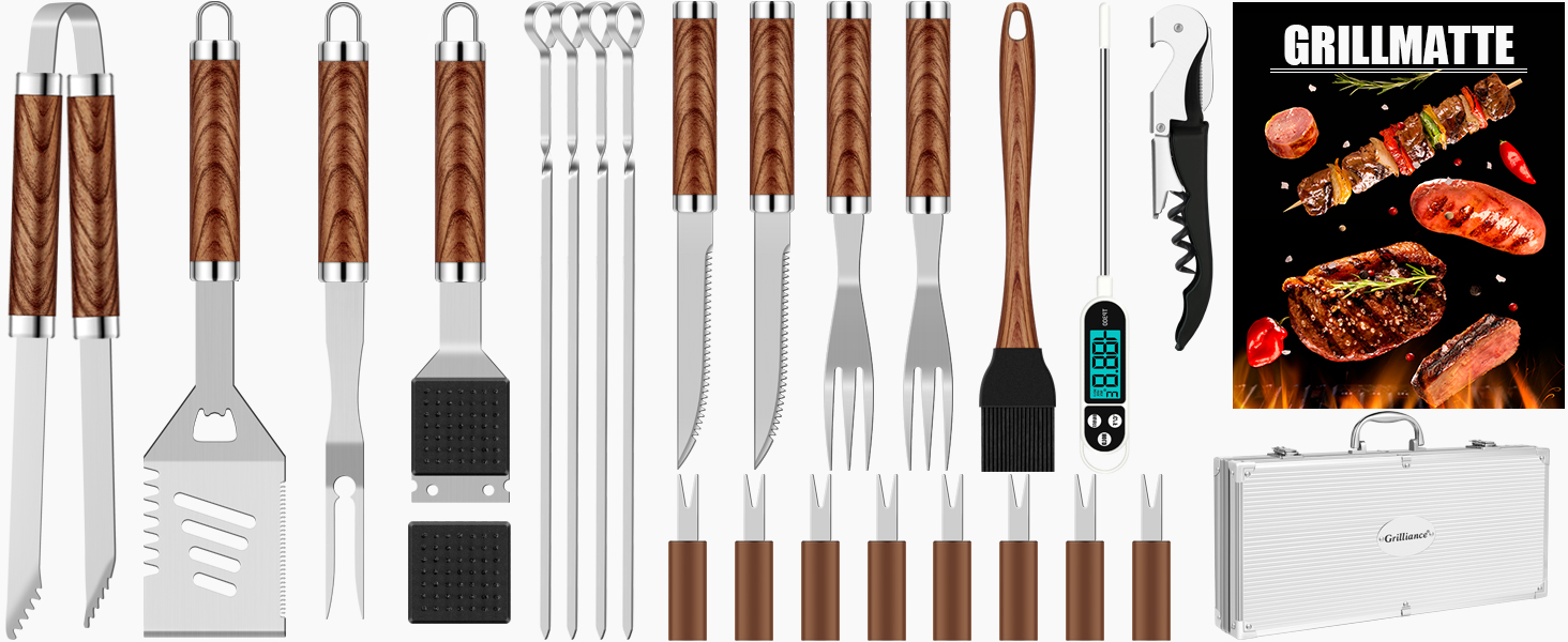 Набір гриль аксесуарів зі сталі 26 шт. Преміум якість, BBQ-гриль посуд у кейсі. Ідеальний подарунок для чоловіків з термометром.
