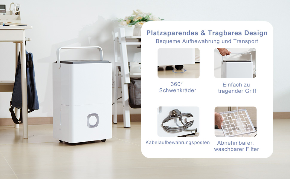 Електричний осушувач повітря з насосом: 80 л/день, компресорний, бак 8 л, повітряний потік 400 м³/год, смарт-гігростат, тихий будівельний осушувач для підвалу/квартири/офісу/ванної кімнати/спальні, чорний & білий (сірий & білий)