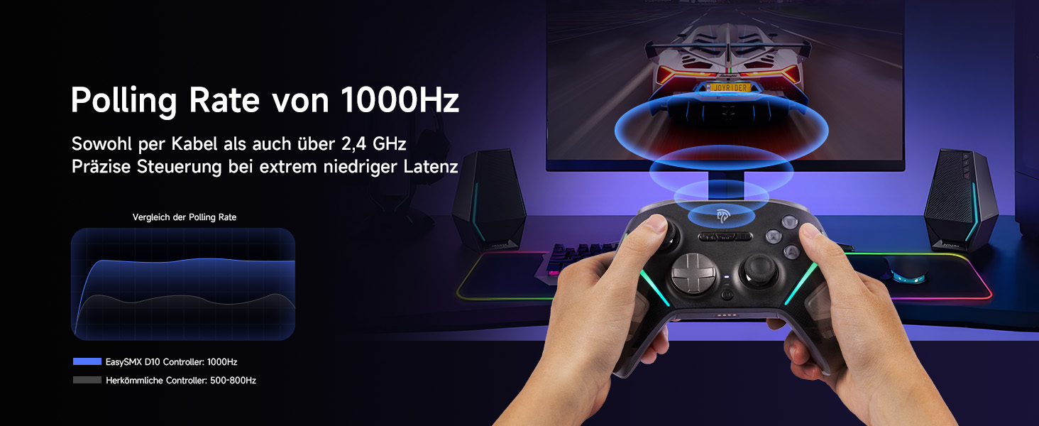 EasySMX D10 Контролер для ПК з зарядною станцією, бездротовий контролер з TMR джойстиком та 2-в-1 тригером, 1000Hz Polling контролер з RGB підсвічуванням для ПК/Switch/Android – Чорний
