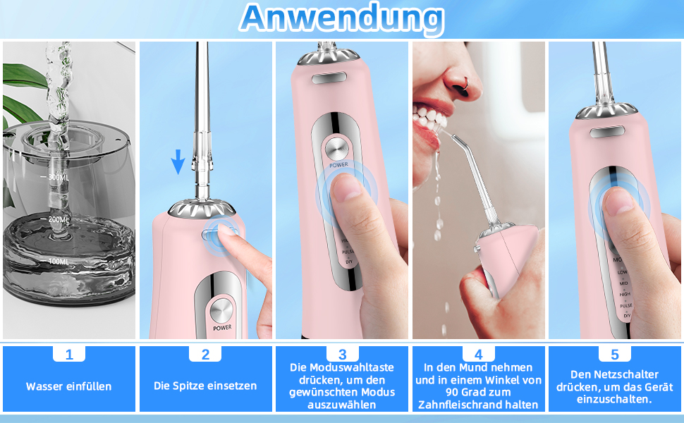 Електрична ірigator для порожнини рота Munddusche з 5 режимами, 300 мл, 6 насадок, рожевий