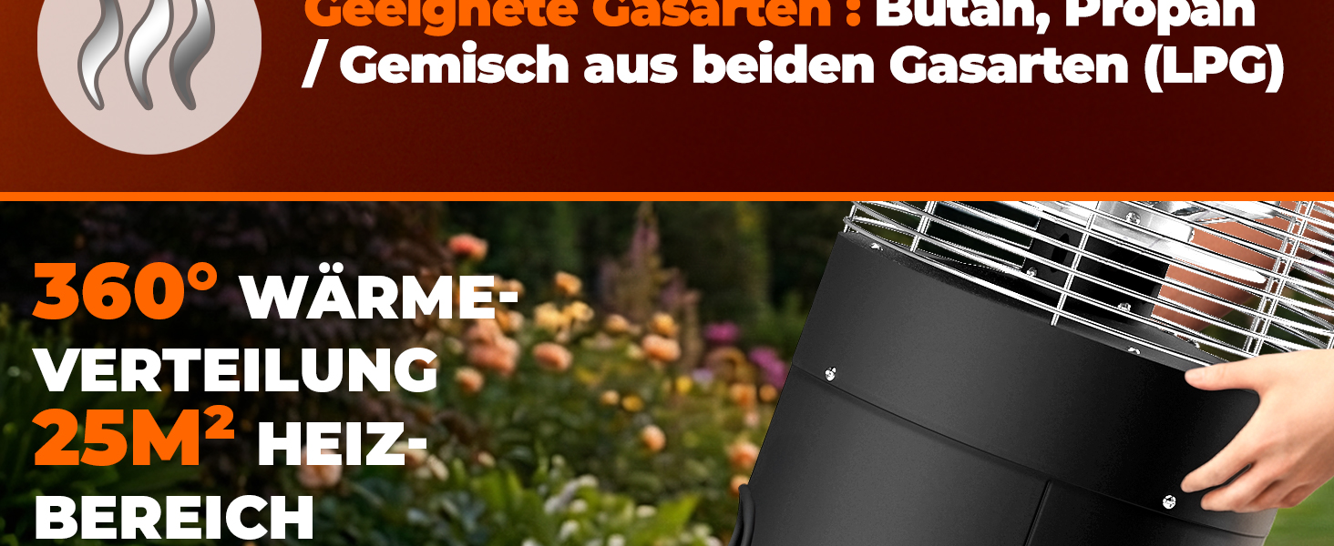 Газовий обігрівач TRESKO® 11 кВт на колесах | Обігрівач для тераси, балкона та саду | Газовий нагрівач-гриб з шлангом та регулятором (сріблястий)