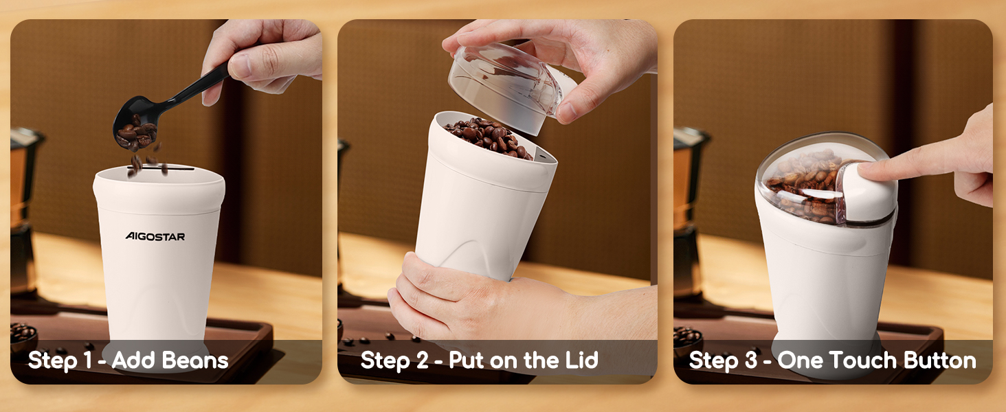 Кавомолка електрична Aigostar для кави, спецій та горіхів, нержавіюча сталь, 60г, 200 Вт, біла