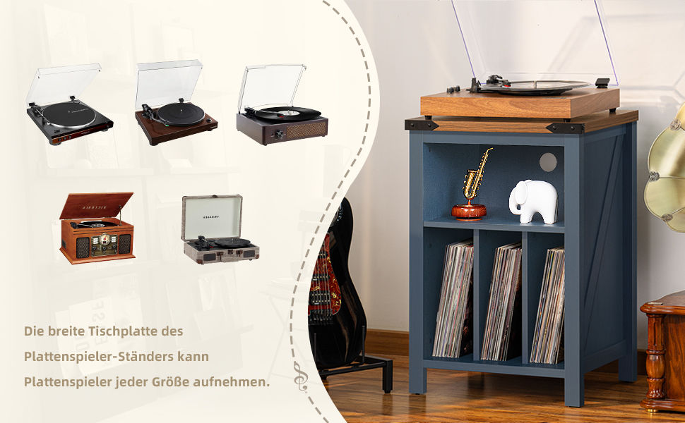 Підставка для програвача вінілу з місцем для платівок, шафка-регулятор для 160 альбомів, дерев'яна підставка для програвача, шафа-вітрина для вітальні, спальні, офісу (Блакитна)