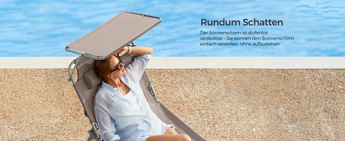 Лежак для відпочинку SONGMICS, великий, розкладний, 200 x 71 x 38 см, вантажопідйомність 150 кг, з сонцезахисною капелюхом та регульованою спинкою, для саду, басейну, тераси, темно-сірий (Taupe)