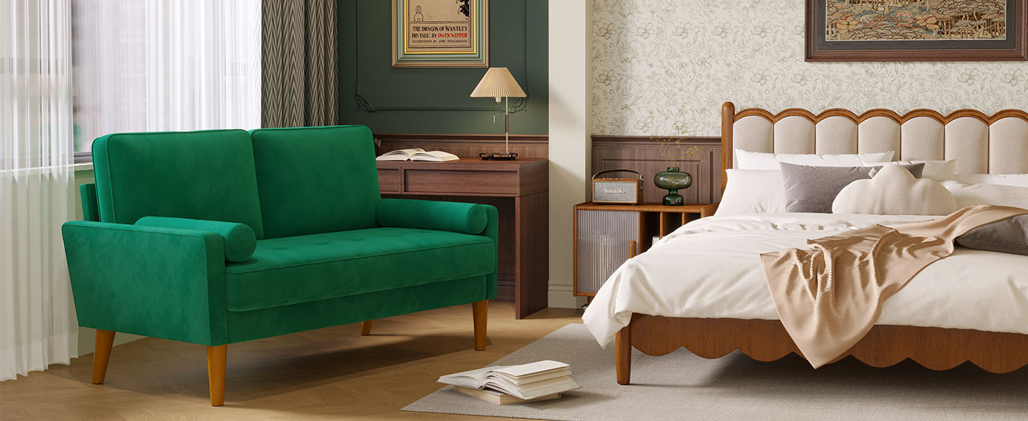 Диван Vesgantti, 2 місця, 121 см, сучасний дизайн, з 2 подушками, для вітальні/квартири/офісу (зелений, велюр)