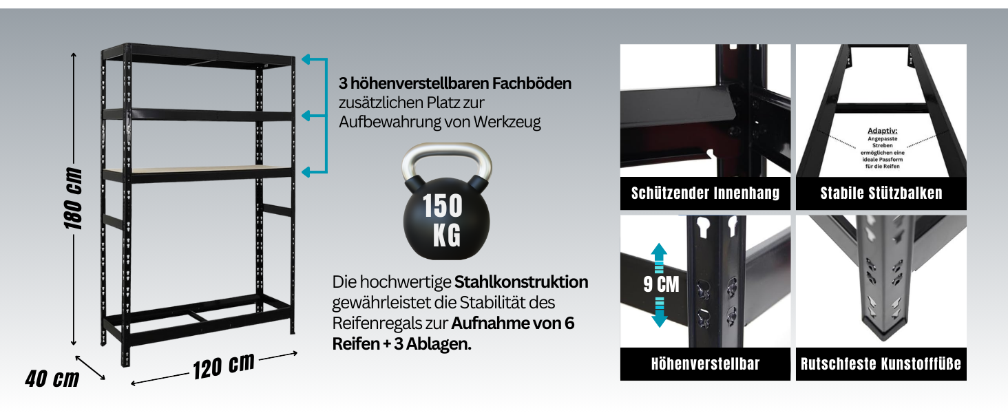 Стеляж для шин PROREGAL Tiger XL, 200x180x45 см, 300 кг на полицю, до 205/55 R16, для автосервісу, складу, підвалу (6 шин + 6 полиць, блакитний)
