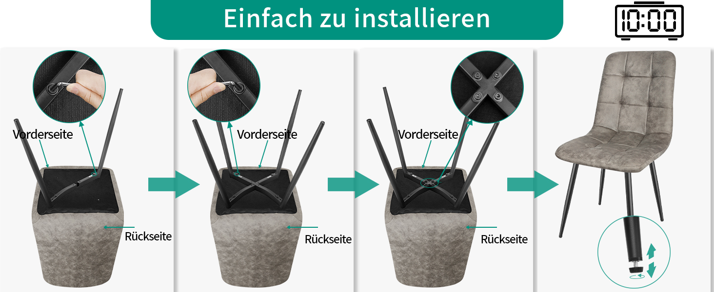 Набір обідніх стільців Techno, тканинні кухонні стільці, м'які стільці з чорними металевими ніжками, для їдальні, зони очікування та вітальні (4 шт., хакі-сірий)