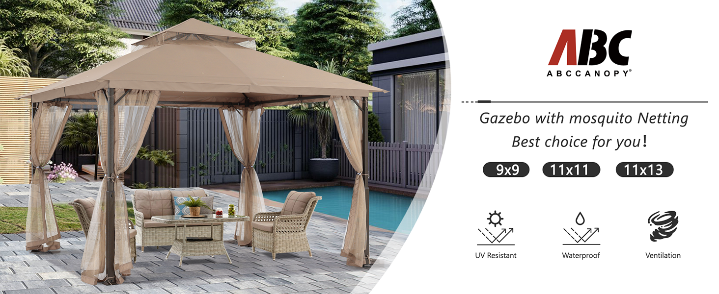Павільйон садовий ABCCANOPY 2.5x2.5м водонепроникний, з сіткою, зимостійкий, сірий - для вечірок та захисту від сонця та дощу
