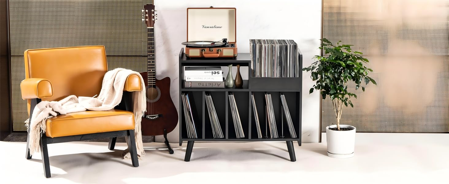 Стіл для програвача, стійка для вінілових програвачів середини століття з місцем для зберігання до 350+ платівок, шафа для вінілових платівок з регульованими полицями (високоякісний чорний)
