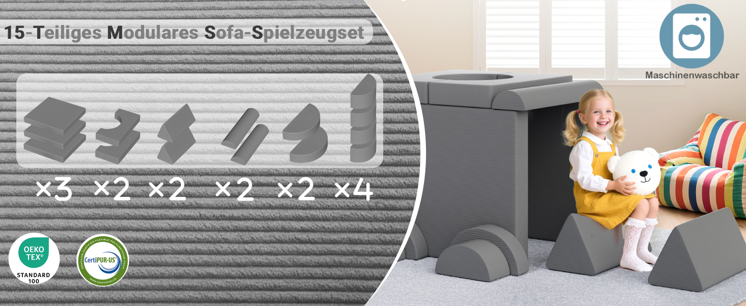 Дитяче ігрове диван-ліжко модульне, 15 частин, сірий, з сертифікатом Oeko-Tex® 100