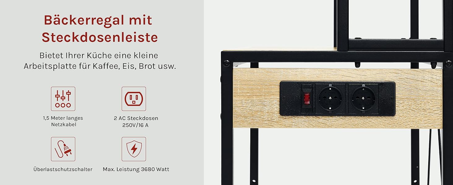 Кухонна полиця WOLTU з 6 ярусами, з розетками, для мікрохвильової печі, з металевим каркасом, регульовані полиці, Чорний+Рустикальне коричневий, 60 x 167 x 40 см (Чорний+світлий дуб, 60 x 39,5 x 167 см)