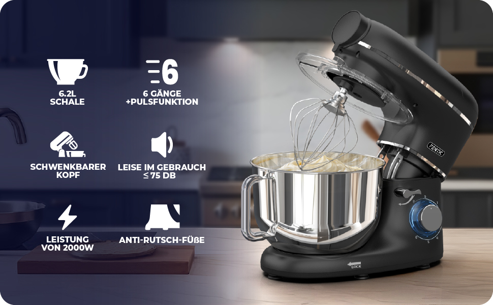 Кухонний комбайн з машиною для пасти – 2000W, електричний, з чашею 6.2L з нержавіючої сталі (чорний)