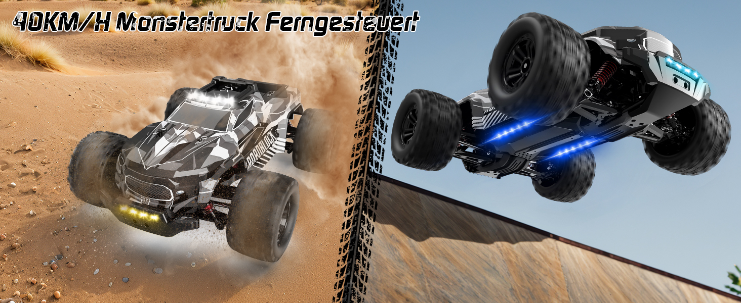 RC Автомобіль Monstertruck 1/14 4WD, 40 км/год, 2 батареї, 7 кольорів підсвічування, Водонепроникний, для дітей та дорослих, Чорний