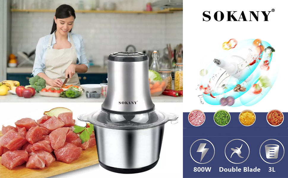 М'ясорубка-подрібнювач електричний SOKANY 800W з чашею 3л з нержавіючої сталі, 2 швидкості, для м'яса, овочів, фруктів LB7005A