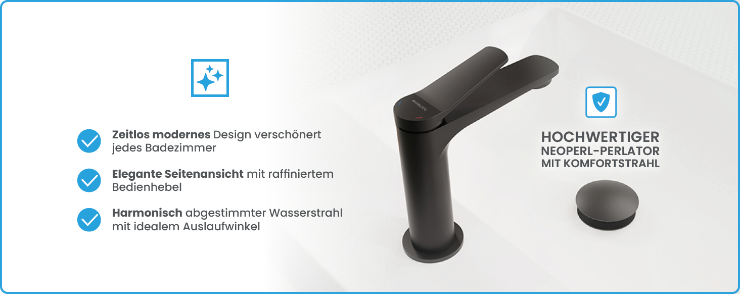 Змішувач для умивальника Bächlein Aldeya чорний матовий з монтажним комплектом, високий однорідний змішувач для накладної раковини