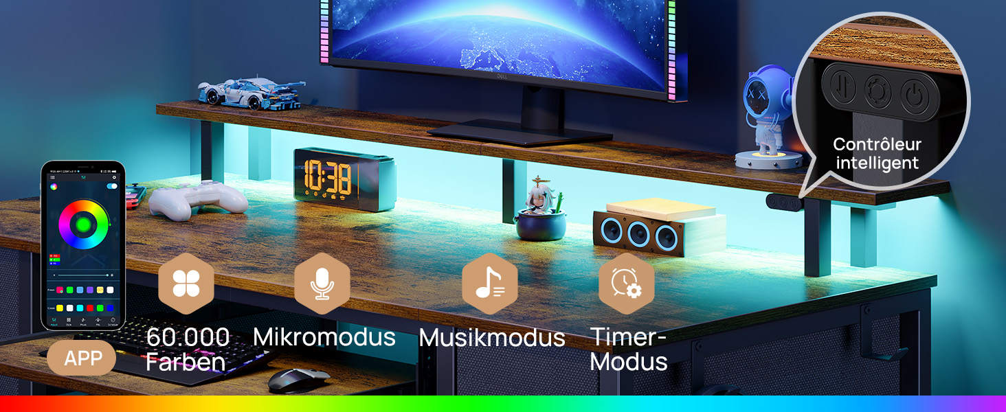 Ігровий стіл Seventable з LED підсвіткою, розетками та USB портами, шухлядами, підставкою для клавіатури та монітора (120x47x87 см, вінтажний коричневий)