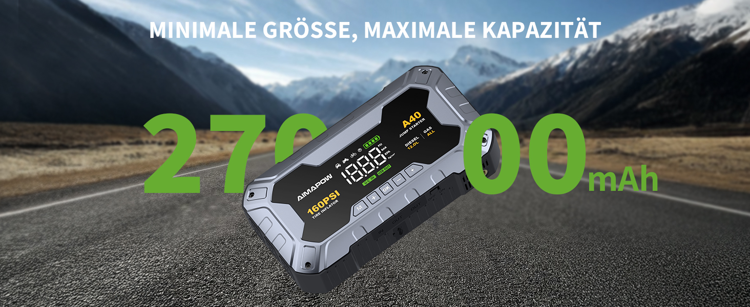Powerbank для автомобіля AIMAPOW Starthilfe 8000A з компресором та LED-ліхтарем, 27000mAh, 160PSI, для бензинових та дизельних двигунів (до 12.0L)