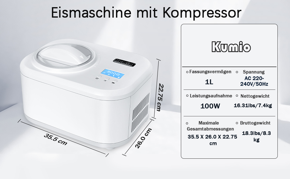 Морозивниця KUMIO з компресором, самоохолодження, РК-дисплей, таймер, чаша 1 л, 100 Вт, білий