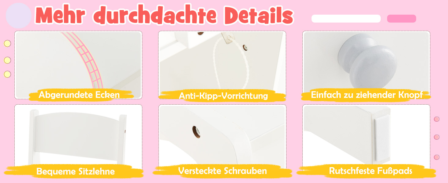 Дзеркальний столик для макіяжу Dreamade 2 в 1 для дівчаток з пуфом та LED-підсвіткою, з ящиком, полицею та шафкою, з дерева (білий)