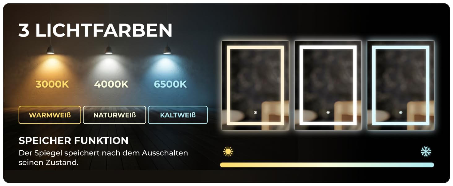 Дзеркало для ванної кімнати BR Bringer LED з підсвічуванням, 60x80 см, антизапарник, диммування, 3 кольори світла, сенсорне управління, функція пам'яті (BRS102)