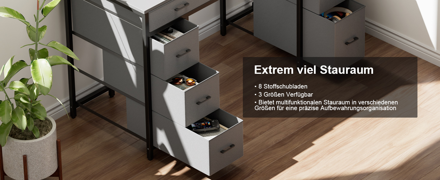 Комп'ютерний стіл з 8 висувними ящиками, 2 розетками, USB-портами, LED-підсвічуванням та підставкою для монітора, 120 x 50 x 74 см (сірий)