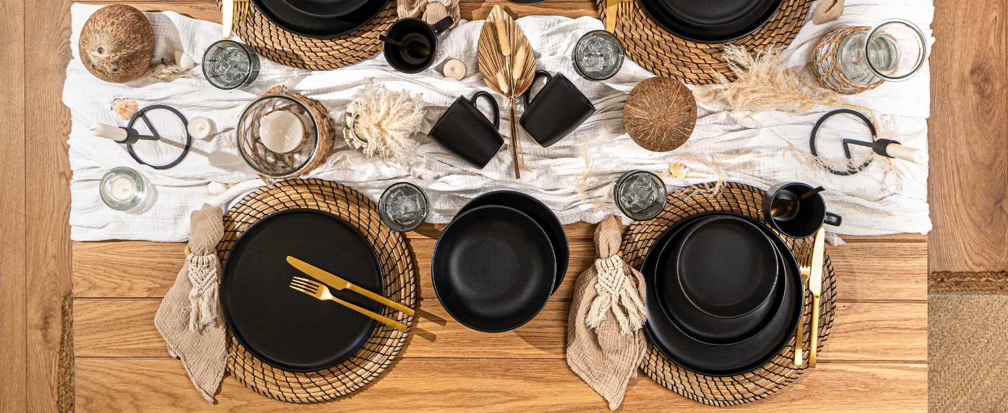 Набір посуду SÄNGER Madeira на 6 осіб, 30 предметів: тарілки, чашки, салатники, чорний керамічний посуд для мікрохвильовки та посудомийної машини | VALUE COLLECTION