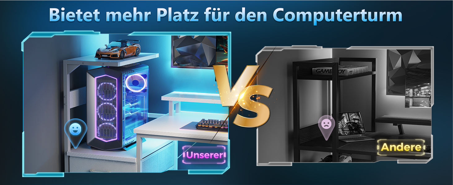 Ігровий стіл Coleshome з шухлядами, 151x50 см, з LED-підсвічуванням та розеткою, з полицями та підставкою для монітора (карбонове волокно)