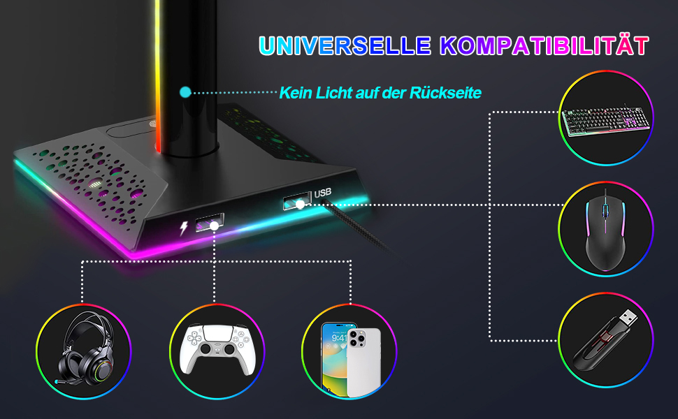 Підставка для навушників VCOM RGB з підсвічуванням, 10 режимів, 2 USB-порти, для геймерів, аксесуари для ПК