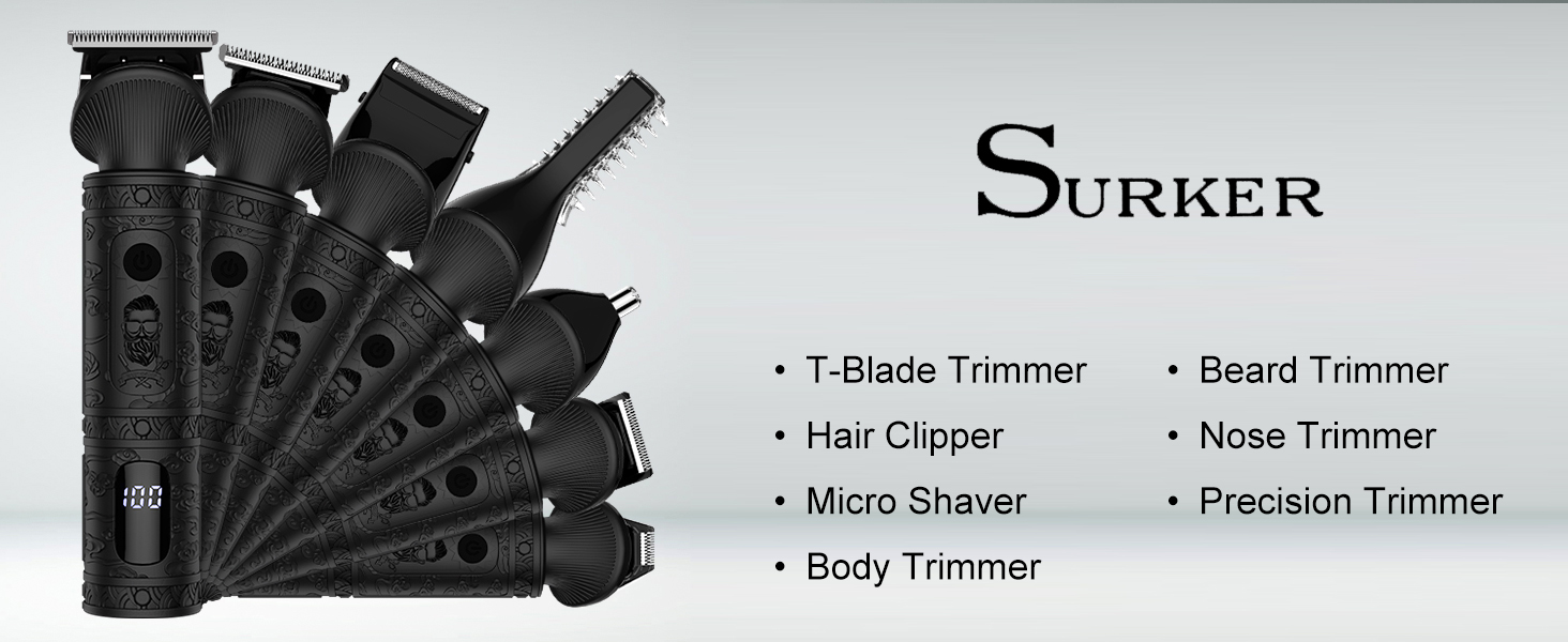 Набір для стрижки Surker Profi 7 в 1: машинка для стрижки волосся, тример для бороди та тіла, бритва, тример для носа, чорний