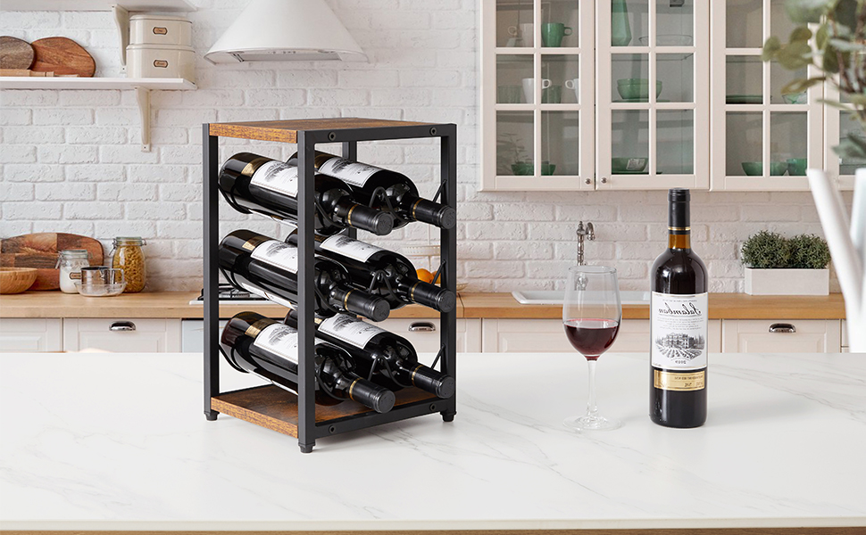 Стелаж для вина IBUYKE промисловий, 3 яруси, металевий каркас, для кухні, бару, вітальні, 6 пляшок, коричневий (TMJ904H)