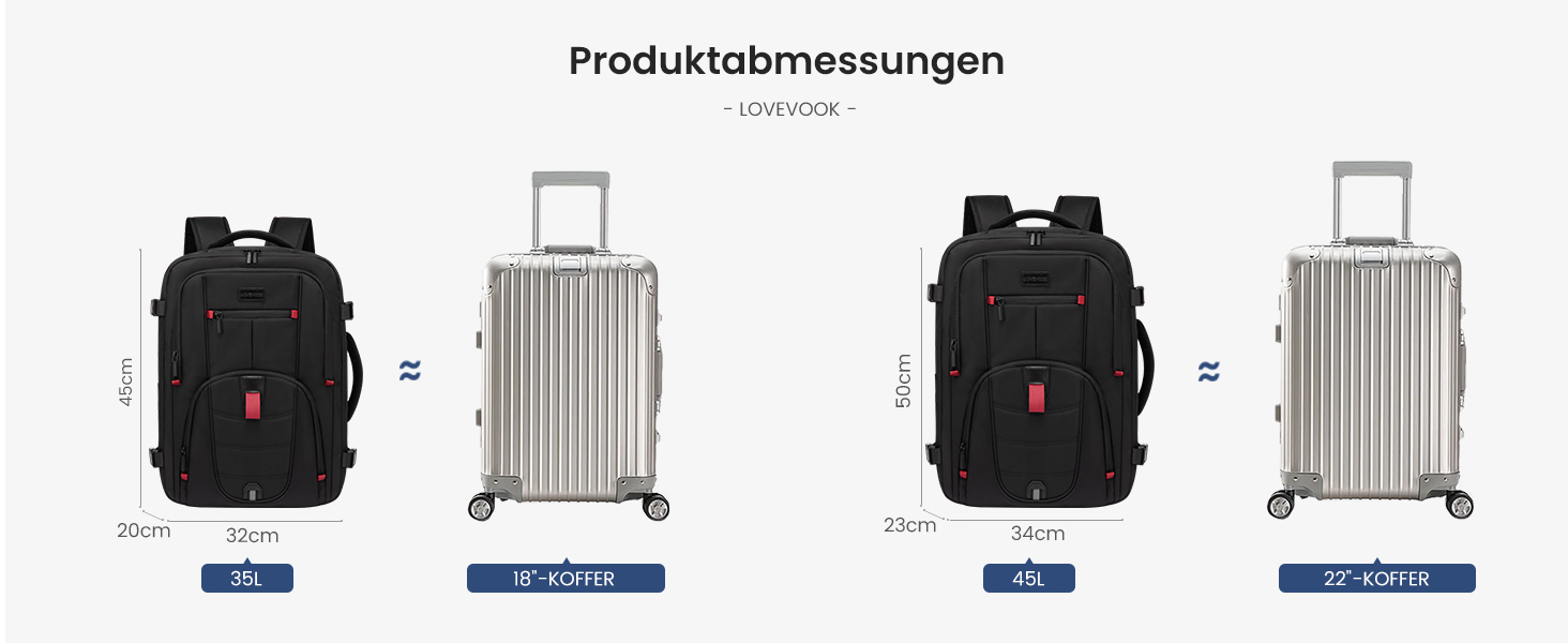 LOVEVOOK Рюкзак для ручної поклажі, дорожній рюкзак чоловічий/жіночий, 40л з відділенням для ноутбука, чорний, 45 x 32 x 20 см