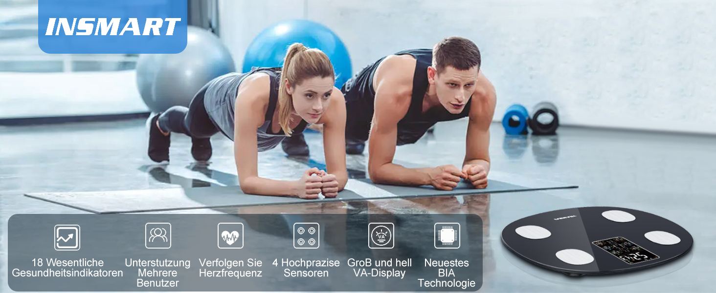 INSMART Розумні ваги для аналізу складу тіла, цифрові ваги з Bluetooth і додатком, вимірювання ваги, ІМТ, жиру, м’язової маси, води, пульсу, білка, BMR, 18 показників