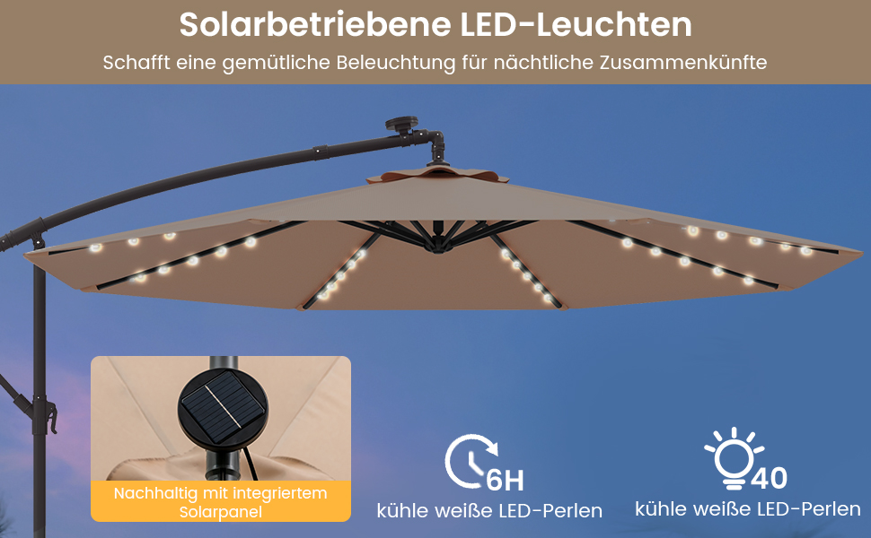 Парасолька від сонця COSTWAY 300 см з підставкою та LED-підсвіткою, бежева — садова парасолька-ампел з ручкою-коробкою та UV-захистом для тераси, басейну та двору