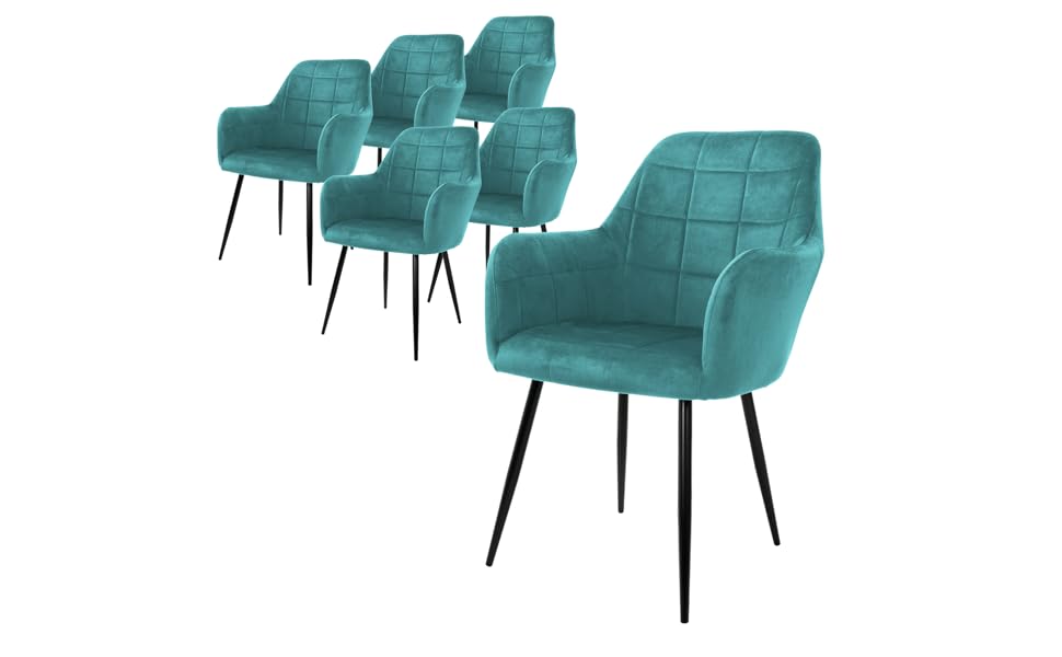 ECD Germany 6 стільців для їдальні з підлокітниками та спинкою, м'які крісла з велюровим покриттям, металеві ніжки, ергономічні стільці для обіднього столу, бірюзовий колір
