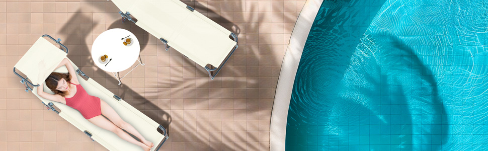 Лежак для відпочинку Vounot (2 шт.) - розкладний, з регульованою спинкою та захистом від сонця. Підходить для саду, басейну, тераси (бежевий)