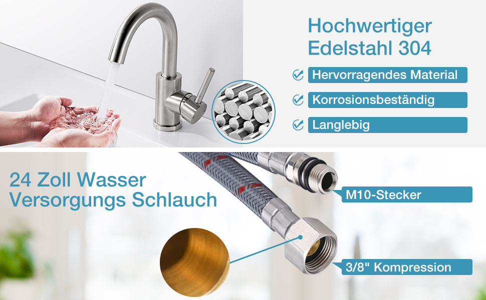 Змішувач для ванної кімнати/кухні з нержавіючої сталі, поворотний на 360°, висота виливу 150 мм, з однорідним змішувачем, покриття - нікель