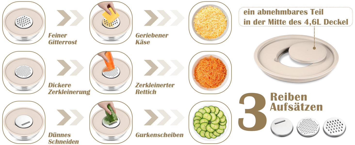 Набір салатниць TEAMFAR 6 шт. з нержавіючої сталі з кришками та силіконовими ніжками, 0,7L / 1,5L / 1,6L / 2,5L / 2,8L / 4,6L, багатофункціональний, для миття в посудомийній машині, з терками