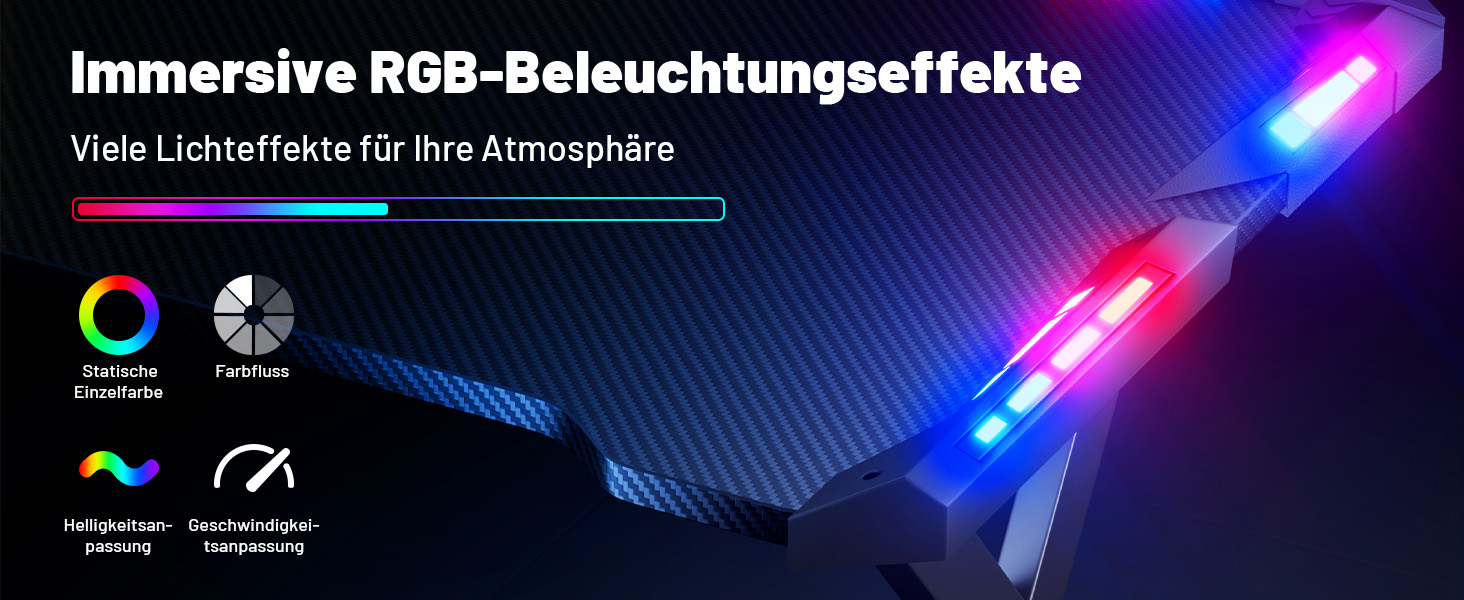 Ігровий стіл з LED підсвічуванням 160x60 см, стіл для комп'ютера з карбоновим покриттям, чорний, з тримачем для напоїв та гачком для навушників