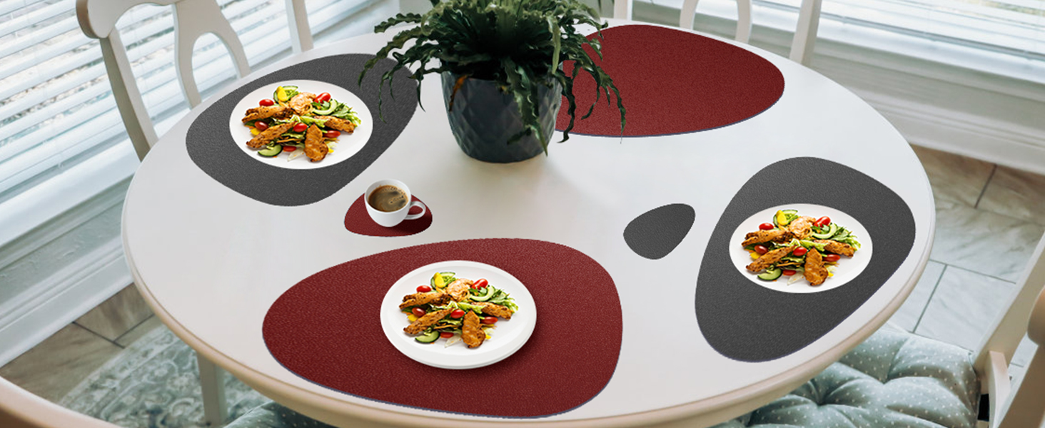 Набір з 6 підставників під тарілки, миючіся з підставками, двосторонні, з імітацією шкіри, водонепроникні, для обіднього столу, кухні, ресторану та дому (червоний)