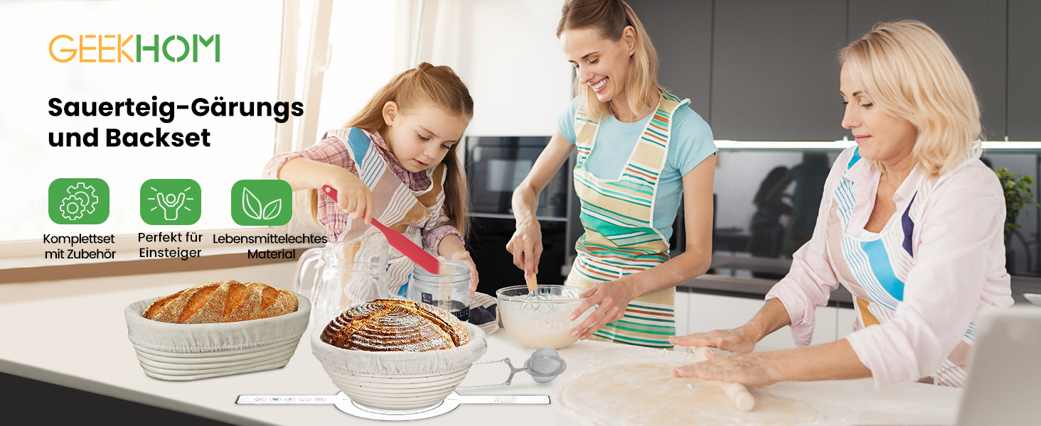 Набір для закваски GEEKHOM: 14 предметів для випікання хліба (заквасочний кошик круглий та овальний, склотара 650 мл, скребок для тіста)