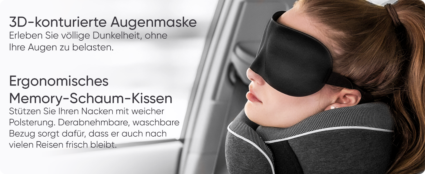 Подушка для подорожей Proglobe з Memory Foam, ортопедична, сіра. З маскою для сну та чохлом.