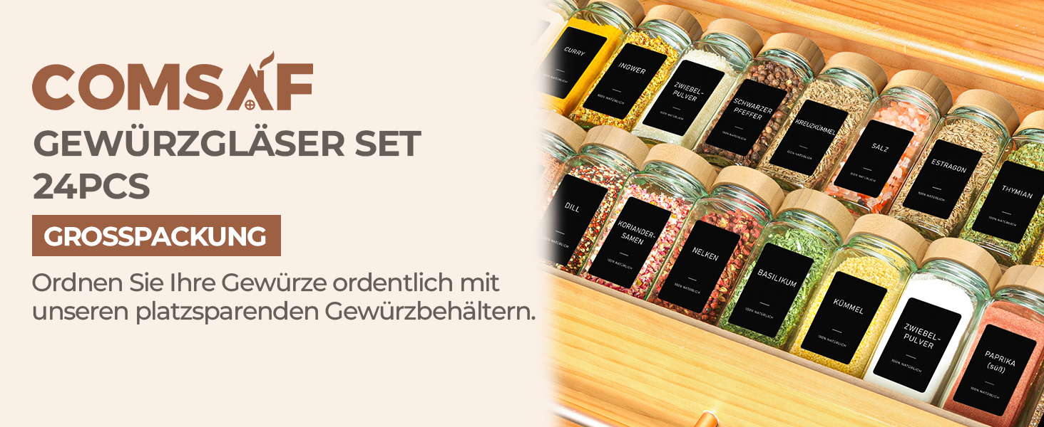 Набір баночок для спецій ComSaf 24 шт. по 120 мл з мітками, бамбуковими кришками та нержавіючим сталевим воронкою