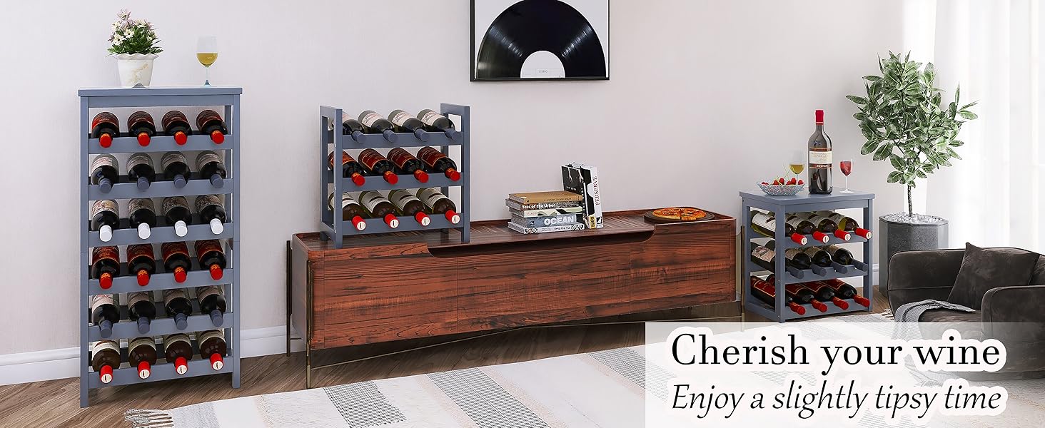 Стелаж для вина на 24 пляшки з бамбука, 6-ярусний, з полицями, сірий