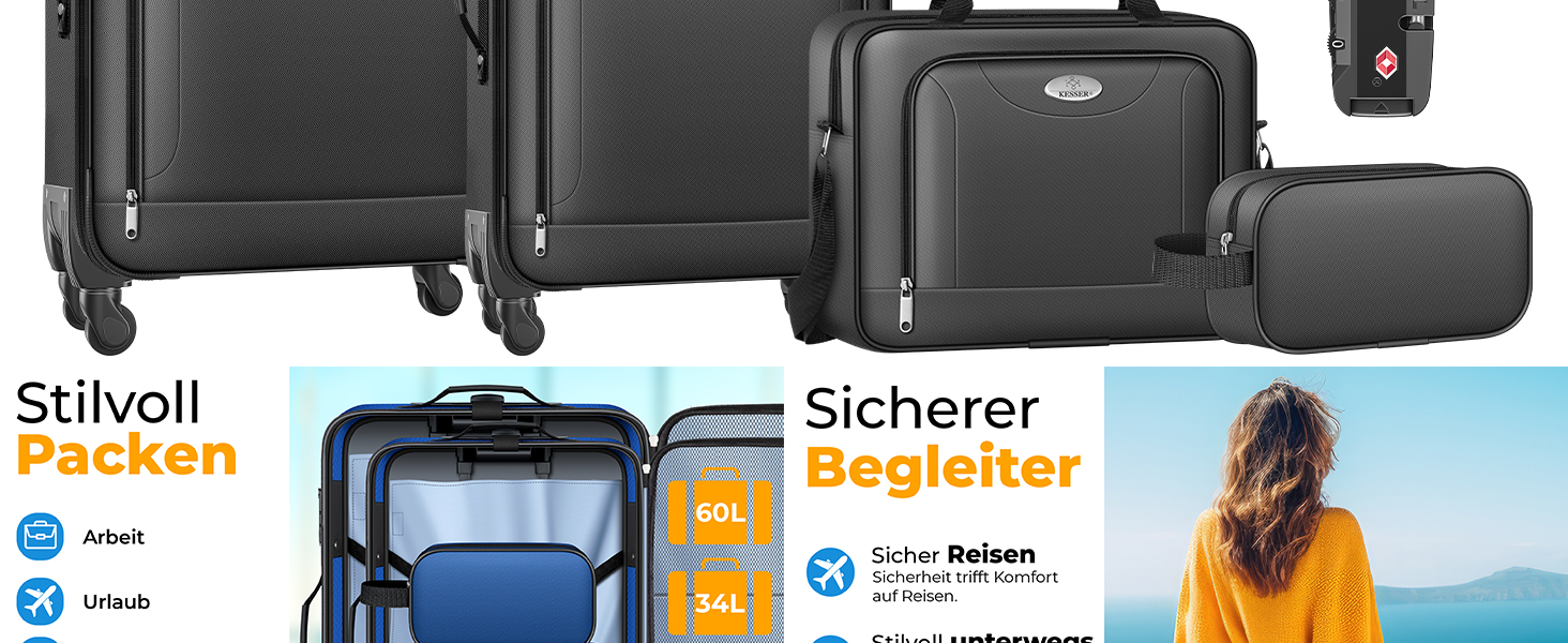 Набір валіз KESSER® 4-в-1: чорний дорожній набір з TSA-замком, 360° колесами та телескопічною ручкою | Чемодан, сумка для косметики, ручна поклажа, велика валіза для подорожей та бізнесу
