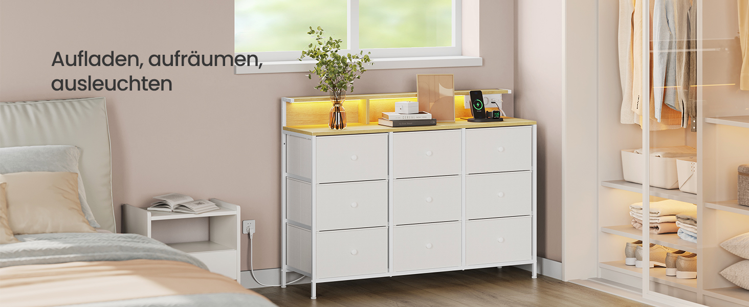 SONGMICS Комод з 9 висувними ящиками та LED-підсвічуванням, з розеткою, сталевий каркас, 33,5 x 114 x 84 см, для спальні/вітальні, білий, LTS519W02