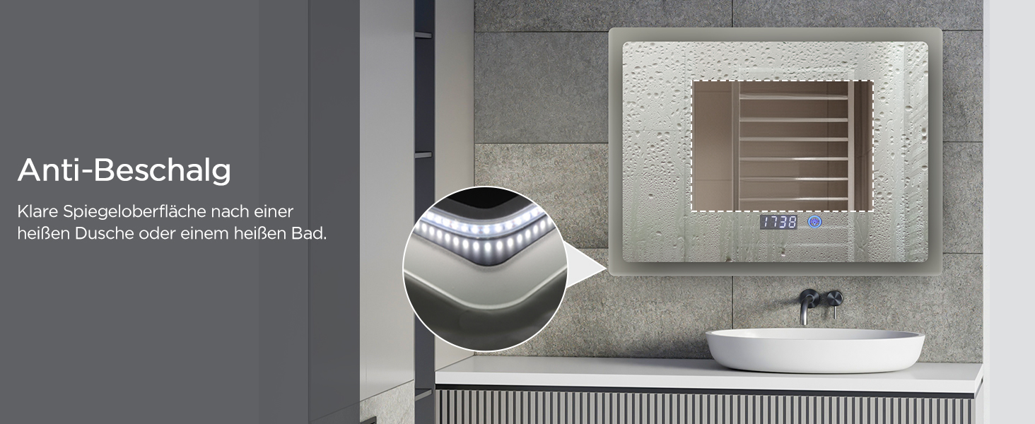 Дзеркало для ванної кімнати YU YUSING з підсвічуванням 80x60 см, LED, 3 кольори світла, регулювання яскравості, антизапар, сенсорне управління, таймер, загартоване скло, IP44, прозоре