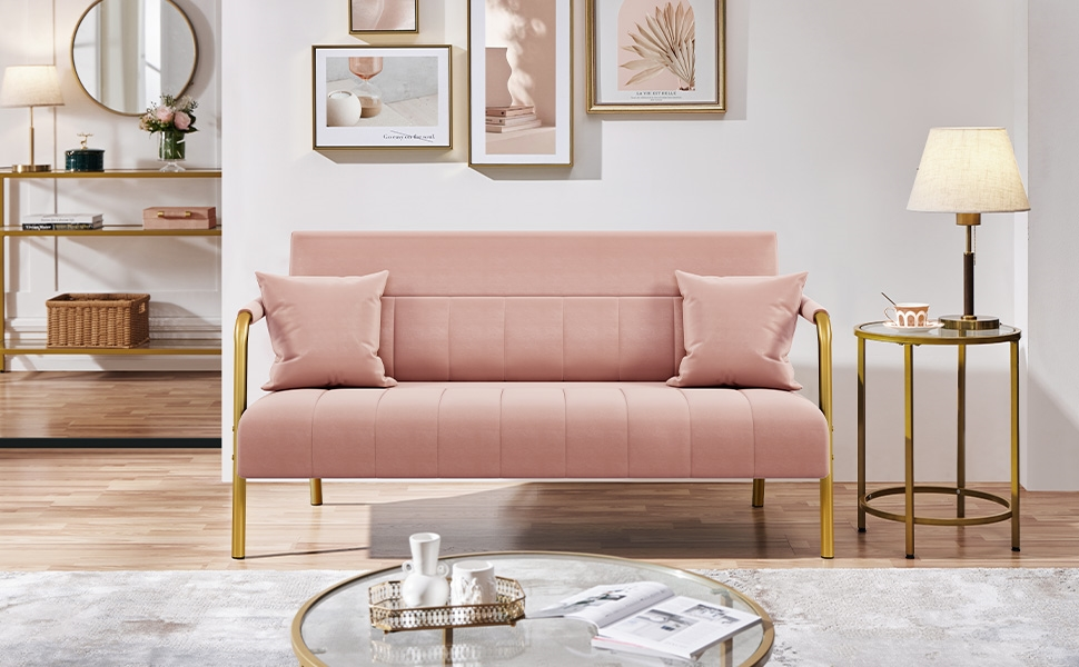 Yaheetech Рожеве крісло-софа з підлокітниками та металевими ніжками. Сучасне двомісне крісло-софа з 2 подушками для попереку. Для вітальні/спальні (143,5 см)