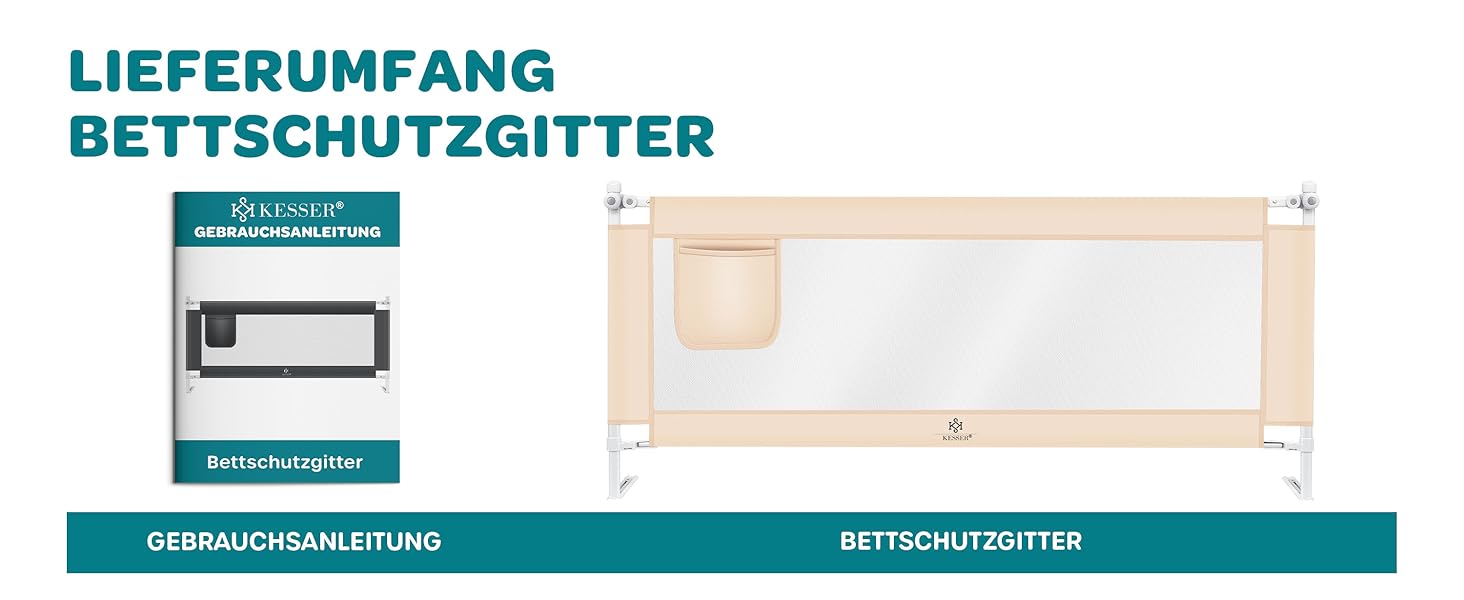 Захисний бортик для ліжка KESSER® 150 см, сітчастий, складаний та регульований по висоті, захист від випадання для дітей та немовлят, бежевий